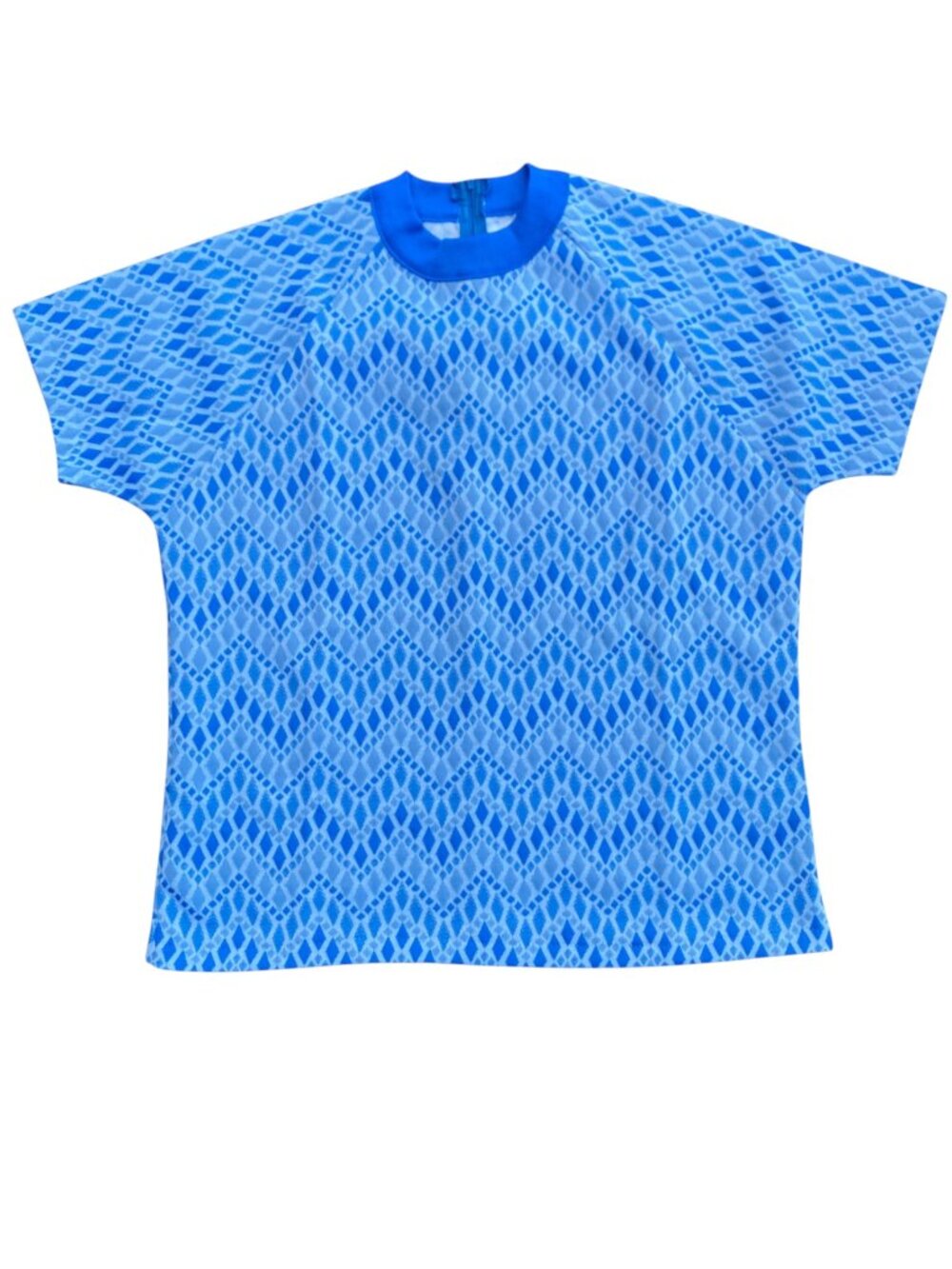 Vintage Montgomery Ward Geometric Knit Top Blue Retro 60s Union Made Grandpa-XL